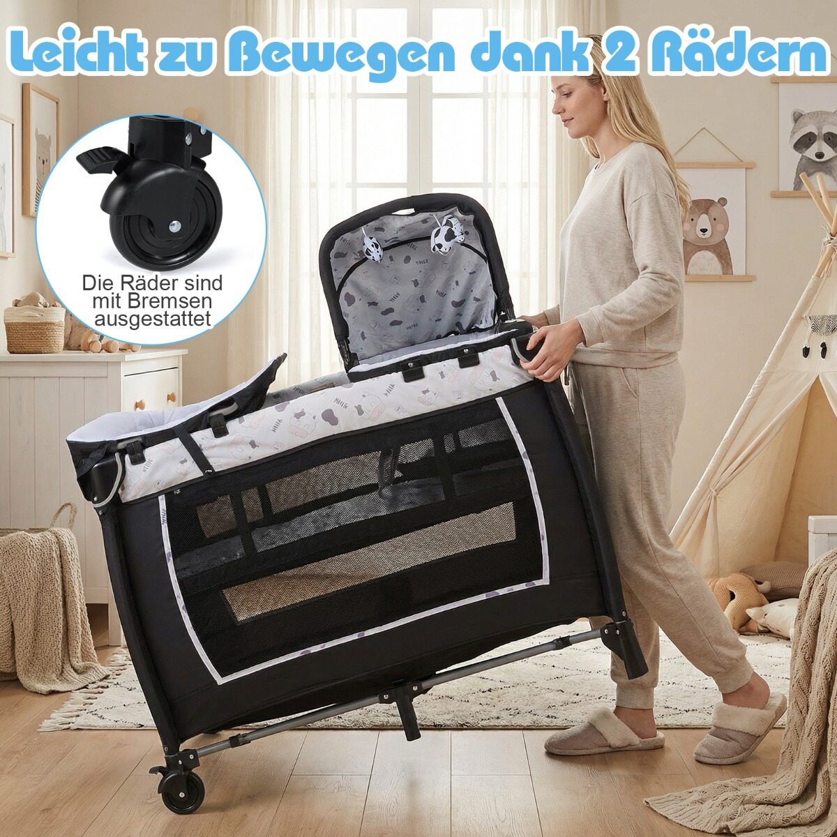 5-ühes beebireisivoodi mähkimislaua, hälli, madratsi ja 2 mänguasjaga, kokkupandav beebivoodi, beež