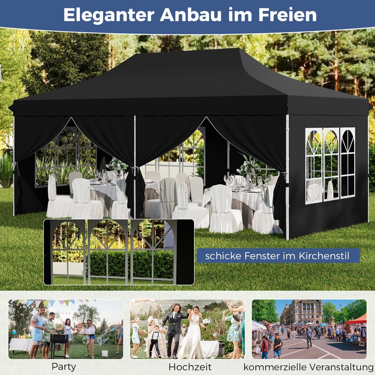 Pop-up varikatus 6 külgseina ja lukuga sissepääsudega, kaasaskantav peo- ja piknikuvarikatus 3 x 6 m must