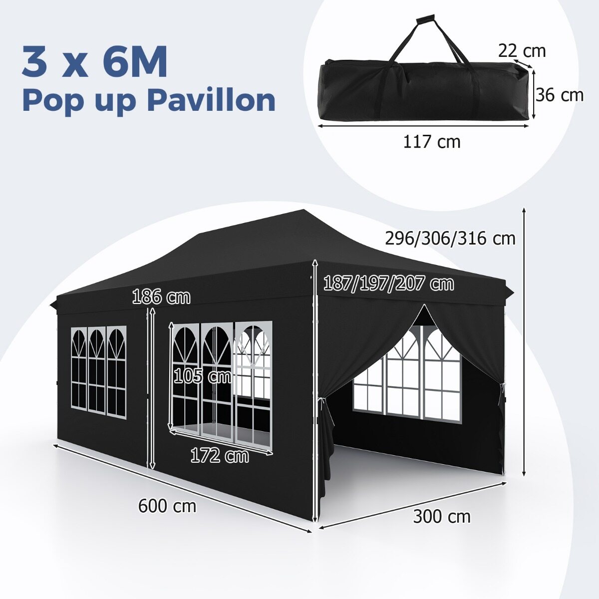 Pop-up varikatus 6 külgseina ja lukuga sissepääsudega, kaasaskantav peo- ja piknikuvarikatus 3 x 6 m must