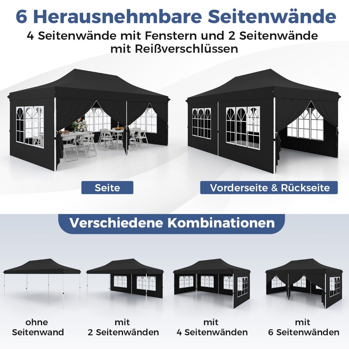 Pop-up varikatus 6 külgseina ja lukuga sissepääsudega, kaasaskantav peo- ja piknikuvarikatus 3 x 6 m must