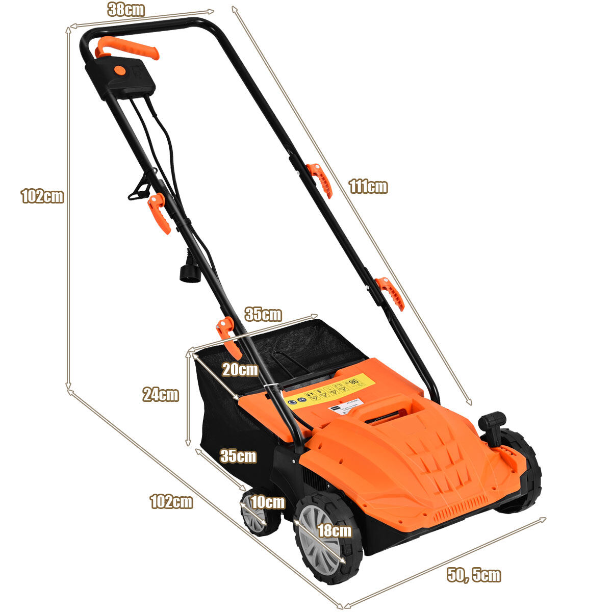 Elektriline muruniiduk-aeraator 1500 W, 3 taset, töösügavus 32 cm, töölaius 104,5 x 51 x 103 cm, oranž