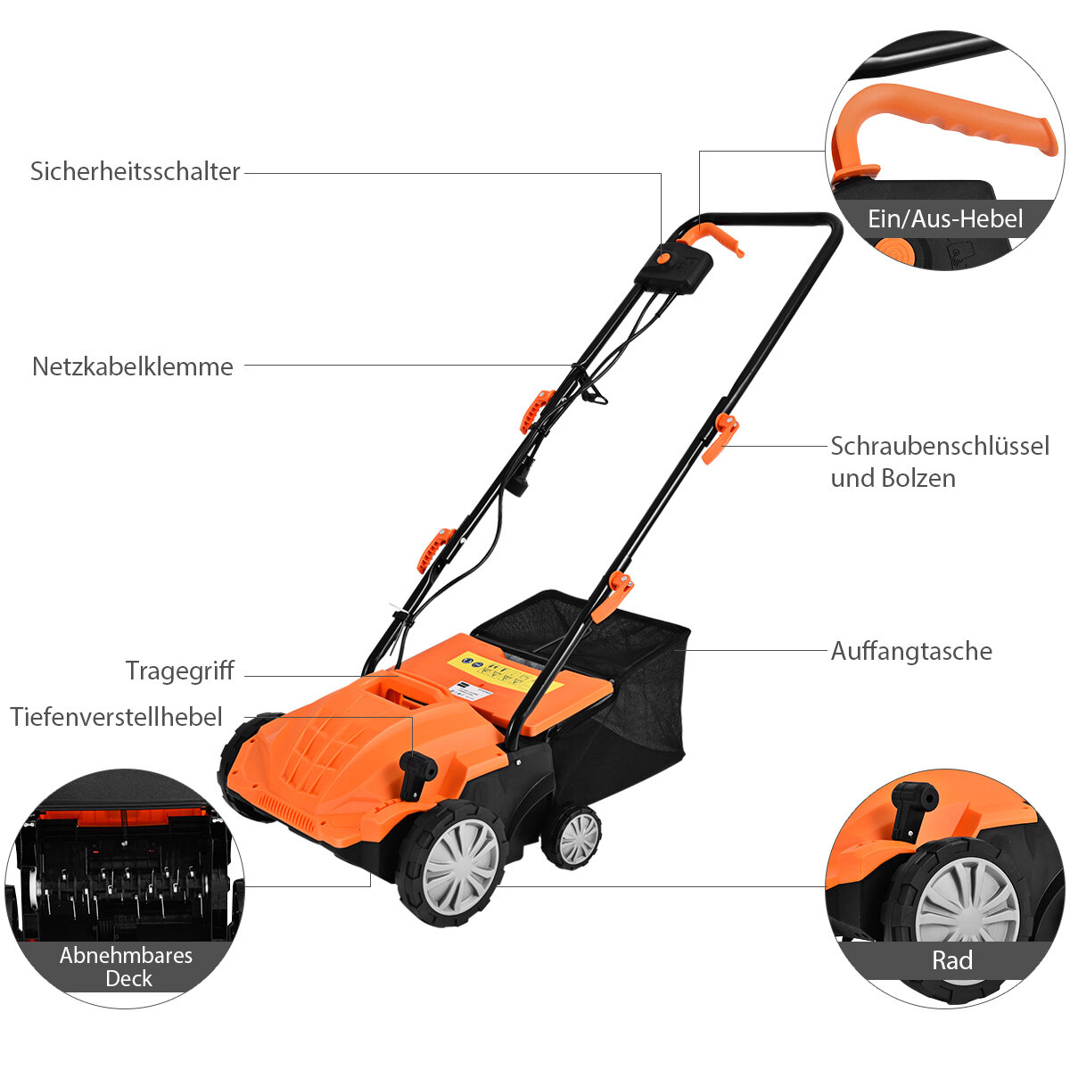 Elektriline muruniiduk-aeraator 1500 W, 3 taset, töösügavus 32 cm, töölaius 104,5 x 51 x 103 cm, oranž