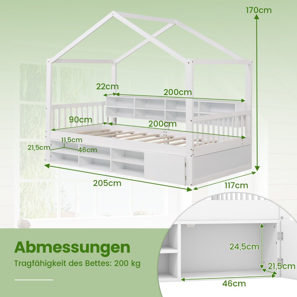 Majakujuline lastevoodi 200 x 90 cm Kukkumiskaitse ja liistudest raamiga, 14 sektsiooniga, valge