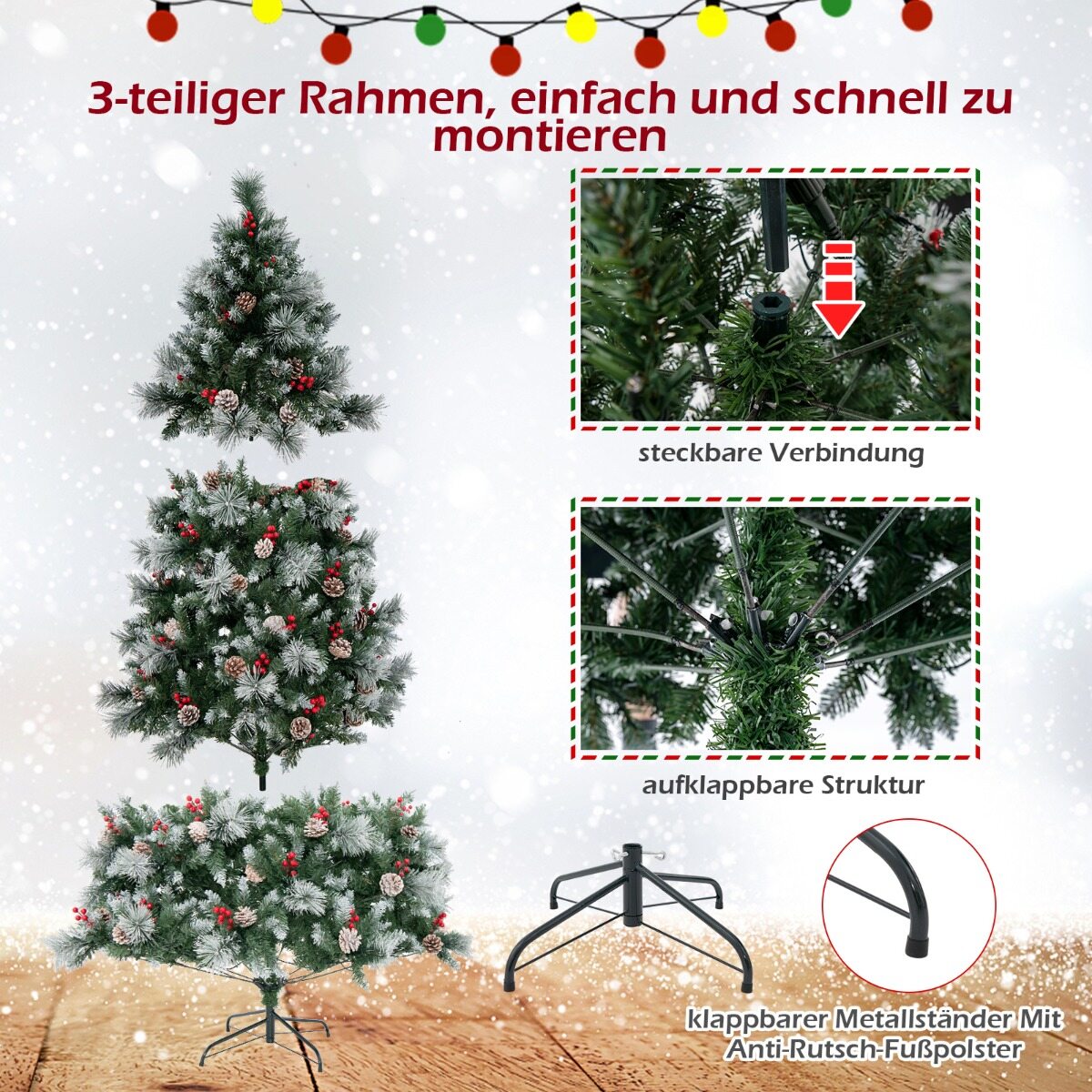 Ø125 x 215 cm jõulupuu LED-tuledega Jõulupuu marjadega roheline + valge