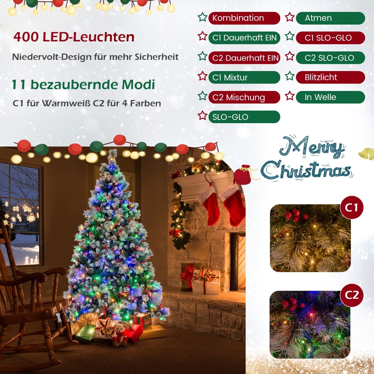 Ø125 x 215 cm jõulupuu LED-tuledega Jõulupuu marjadega roheline + valge