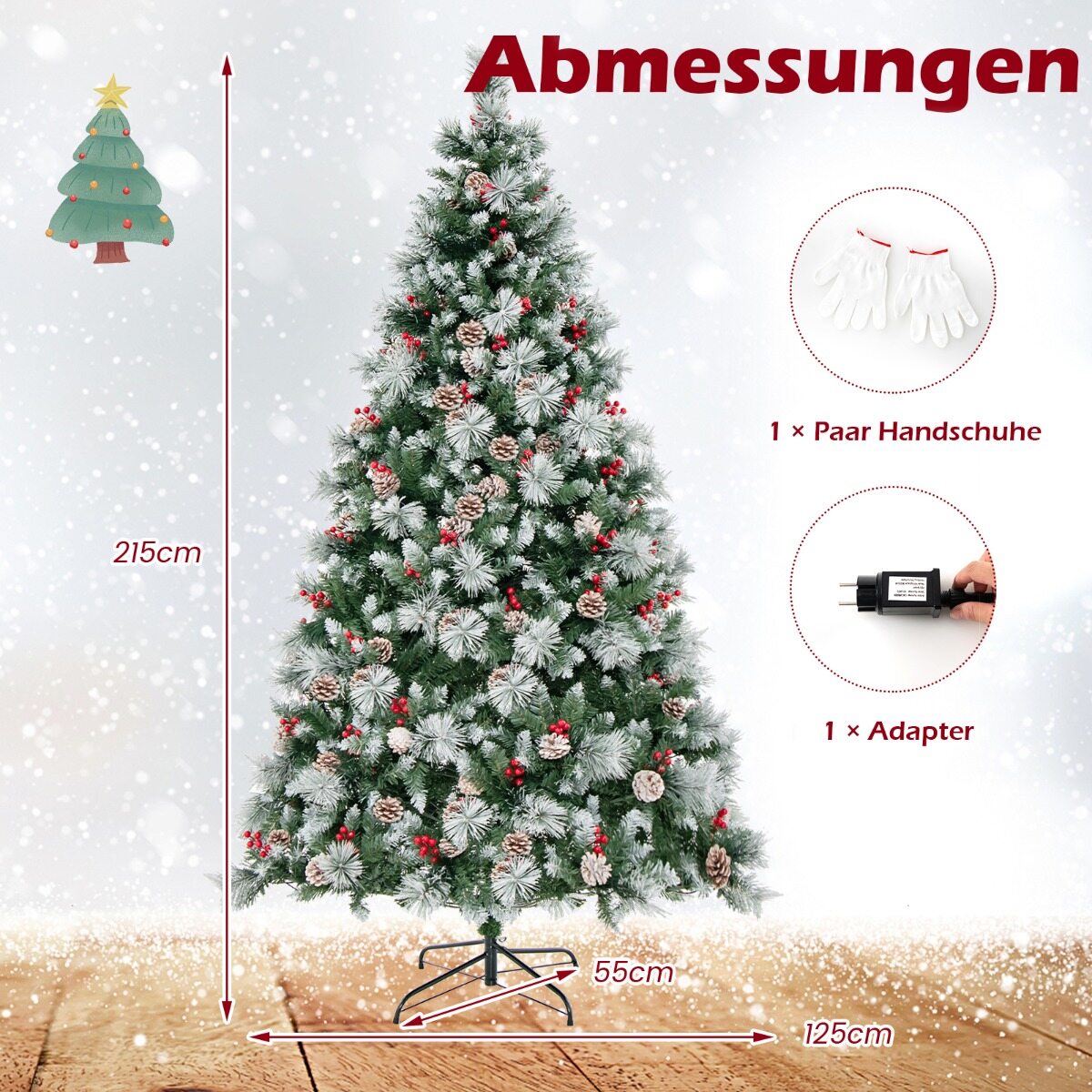 Ø125 x 215 cm jõulupuu LED-tuledega Jõulupuu marjadega roheline + valge