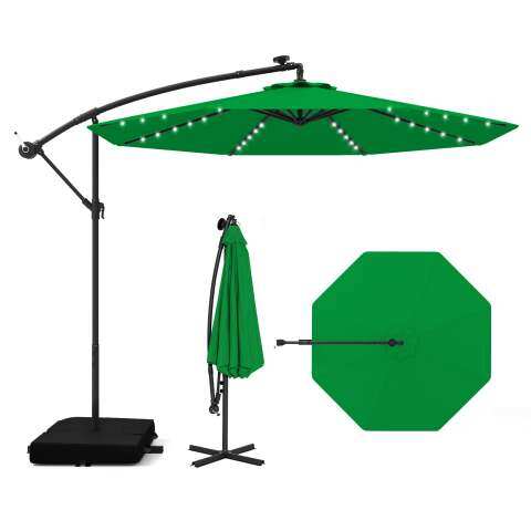 Ø 300 cm konsoolvarjuga päikesevari 40 päikesetoitel töötava LED-tule, liivakottide, vända ja UV-kaitsega, roheline vari