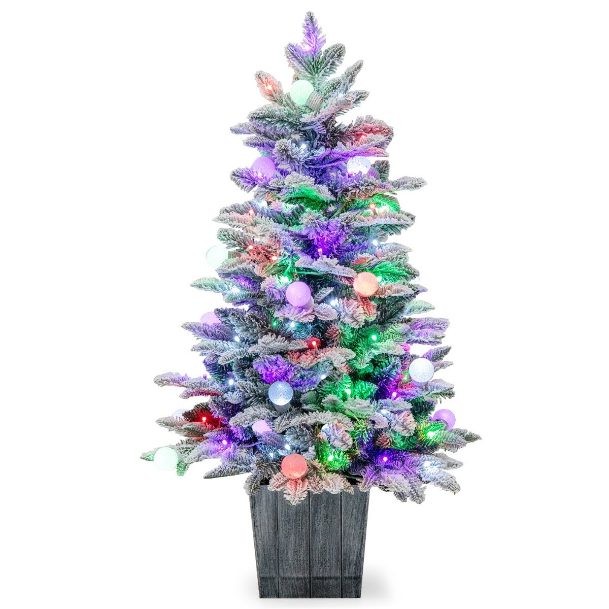 100 cm eelvalgustusega kunstkuusk lumega kaetud potis, 148 PVC ja PE otsaga, 80 värvilist LED-tuld
