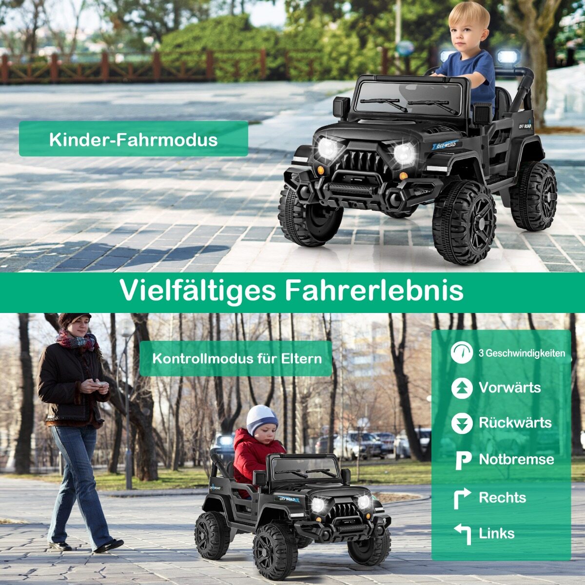 Elektriauto puldiga, maastikurataste ja LED-tuledega, musta värvi veoautojuhtimismänguasi