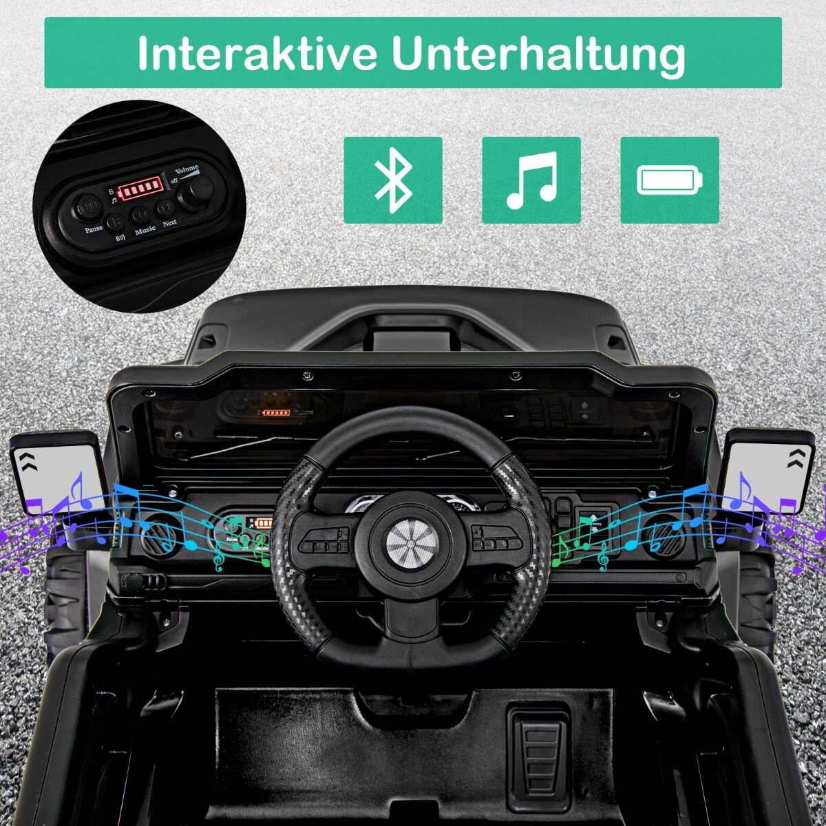 Elektriauto puldiga, maastikurataste ja LED-tuledega, musta värvi veoautojuhtimismänguasi