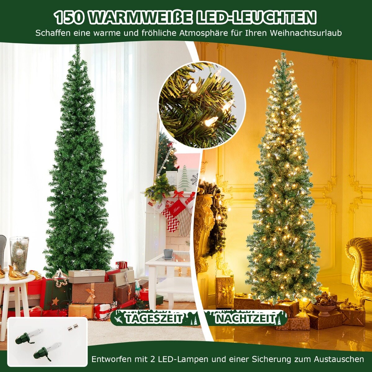 210 cm pikkune kunstlik poolkuu jõulupuu 150 LED-tulega