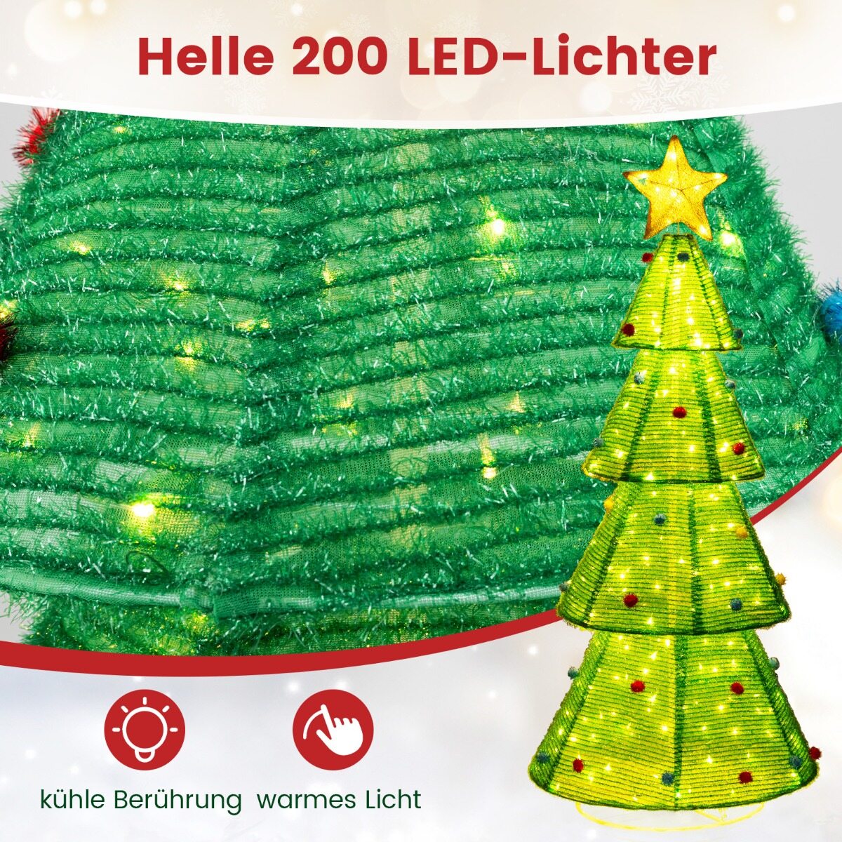 190 cm kokkupandav jõulupuu 200 sisseehitatud LED-tulega, eelvalgustatud jõulupuu ladva tähekujulised karvapallid
