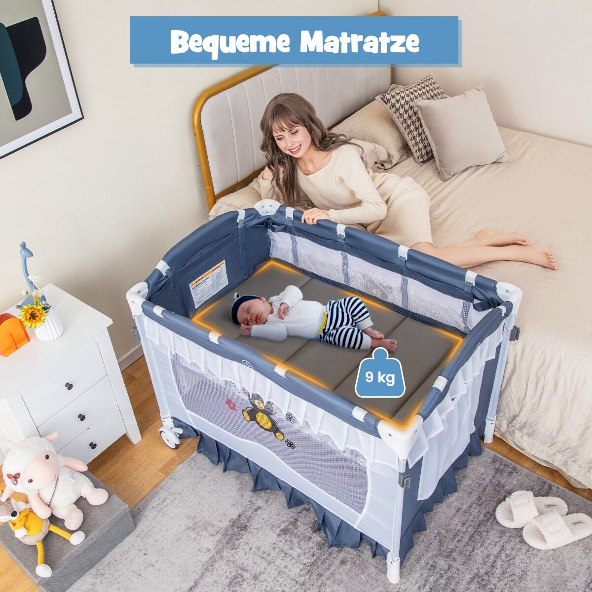 4-ühes beebivoodi eemaldatava varikatusega, reisivoodi madratsiga, külgvoodi ratastega, hall