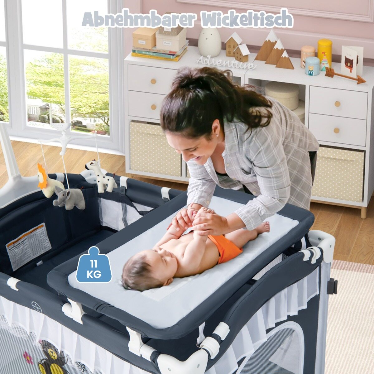 4-ühes beebivoodi eemaldatava varikatusega, reisivoodi madratsiga, külgvoodi ratastega, hall