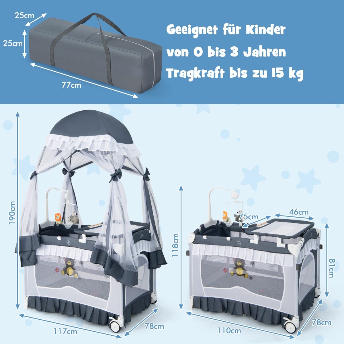 4-ühes beebivoodi eemaldatava varikatusega, reisivoodi madratsiga, külgvoodi ratastega, hall