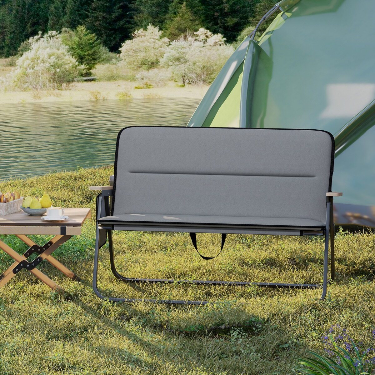 Double Loveseat Folding Camping Chair for 2 People with Removable Cushion Side Pocket Armrests Capacity 300kg Grey
