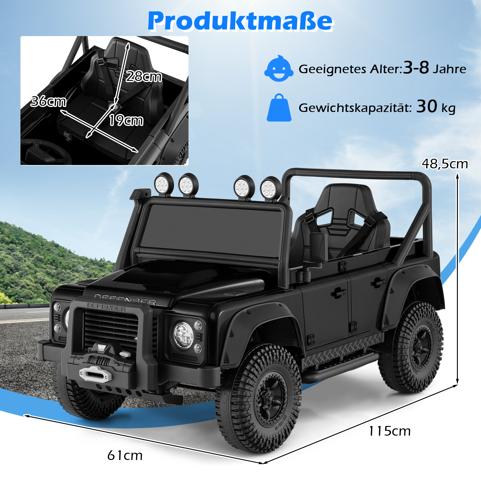 Land Rover Defender elektriauto lastele vanemate puldiga, must