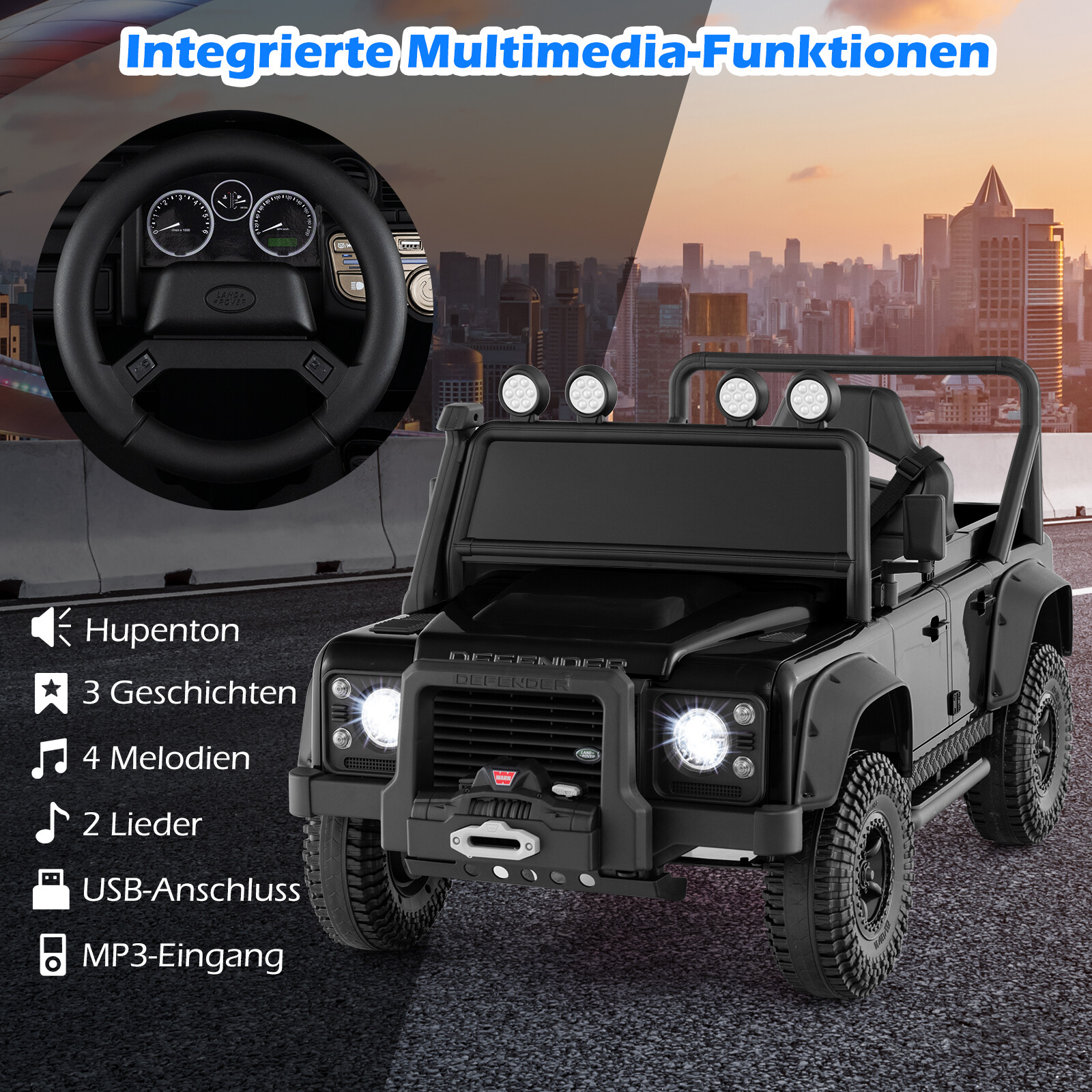 Land Rover Defender elektriauto lastele vanemate puldiga, must