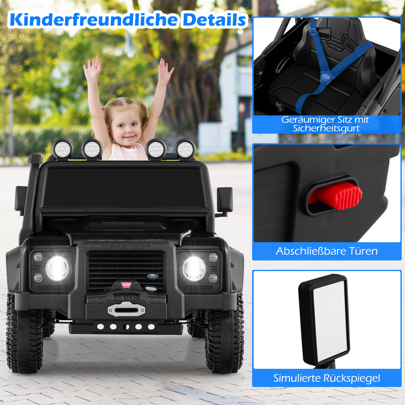 Land Rover Defender elektriauto lastele vanemate puldiga, must