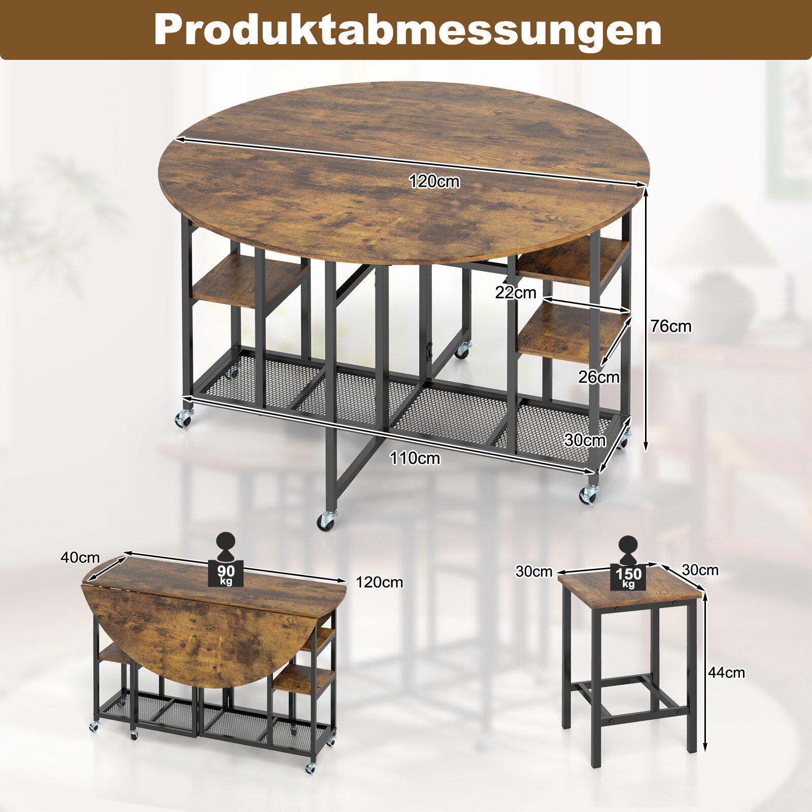 Kolmeosaline söögikomplekt kokkupandava köögilaua ja kahe taburetiga, veiniklaaside riiuli ja riiulitega.
