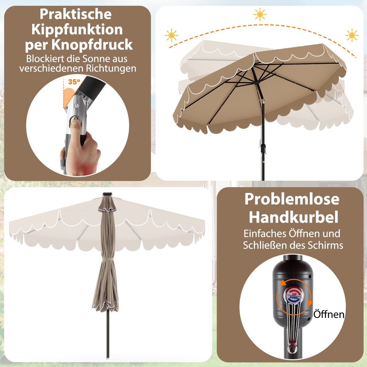300 cm päikesevari LED-valgustuse, vända ja karniisiga, aia päikesevari, turu päikesevari, pruun