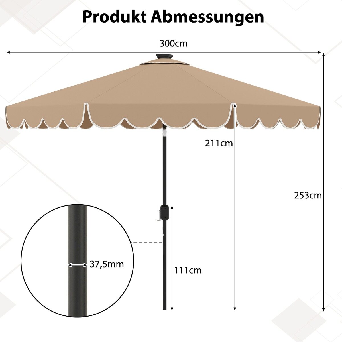 300 cm päikesevari LED-valgustuse, vända ja karniisiga, aia päikesevari, turu päikesevari, pruun