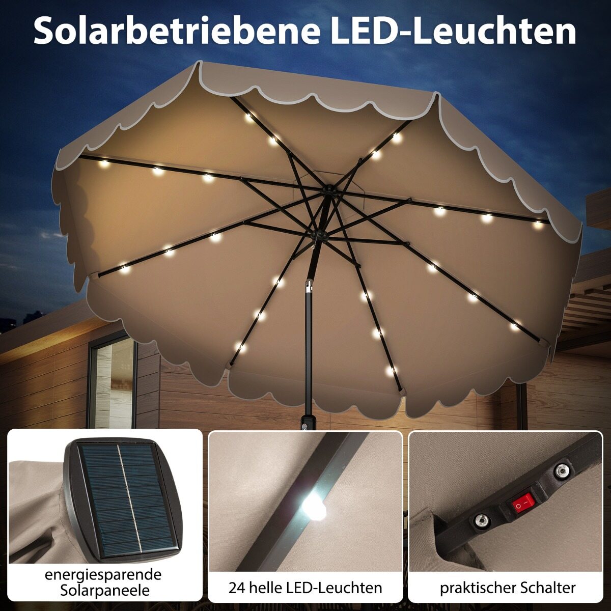 300 cm päikesevari LED-valgustuse, vända ja karniisiga, aia päikesevari, turu päikesevari, pruun