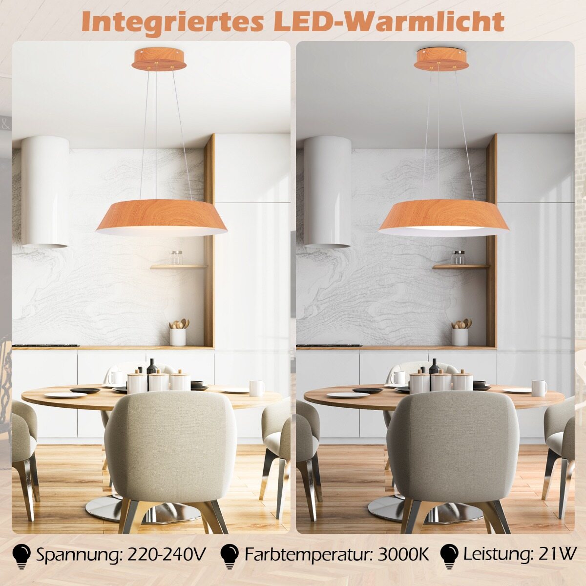 21 W LED-laevalgusti, energiasäästlik laelamp puiduimitatsiooniga metallraamiga, naturaalne