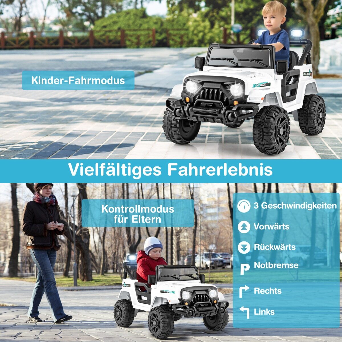 Elektriauto puldiga, maastikurataste ja LED-tuledega. Valge mänguasi veoauto juhtimiseks.