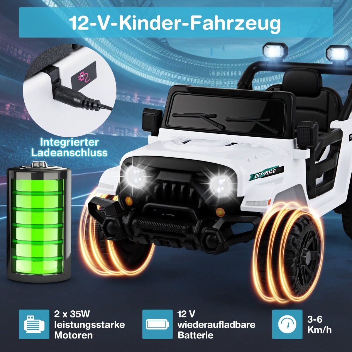 Elektriauto puldiga, maastikurataste ja LED-tuledega. Valge mänguasi veoauto juhtimiseks.