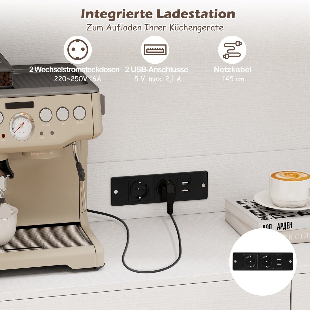 Puidust köögikapp rotangist ustega, 2 pistikupesa ja 2 USB-porti; valge buffet-kapp
