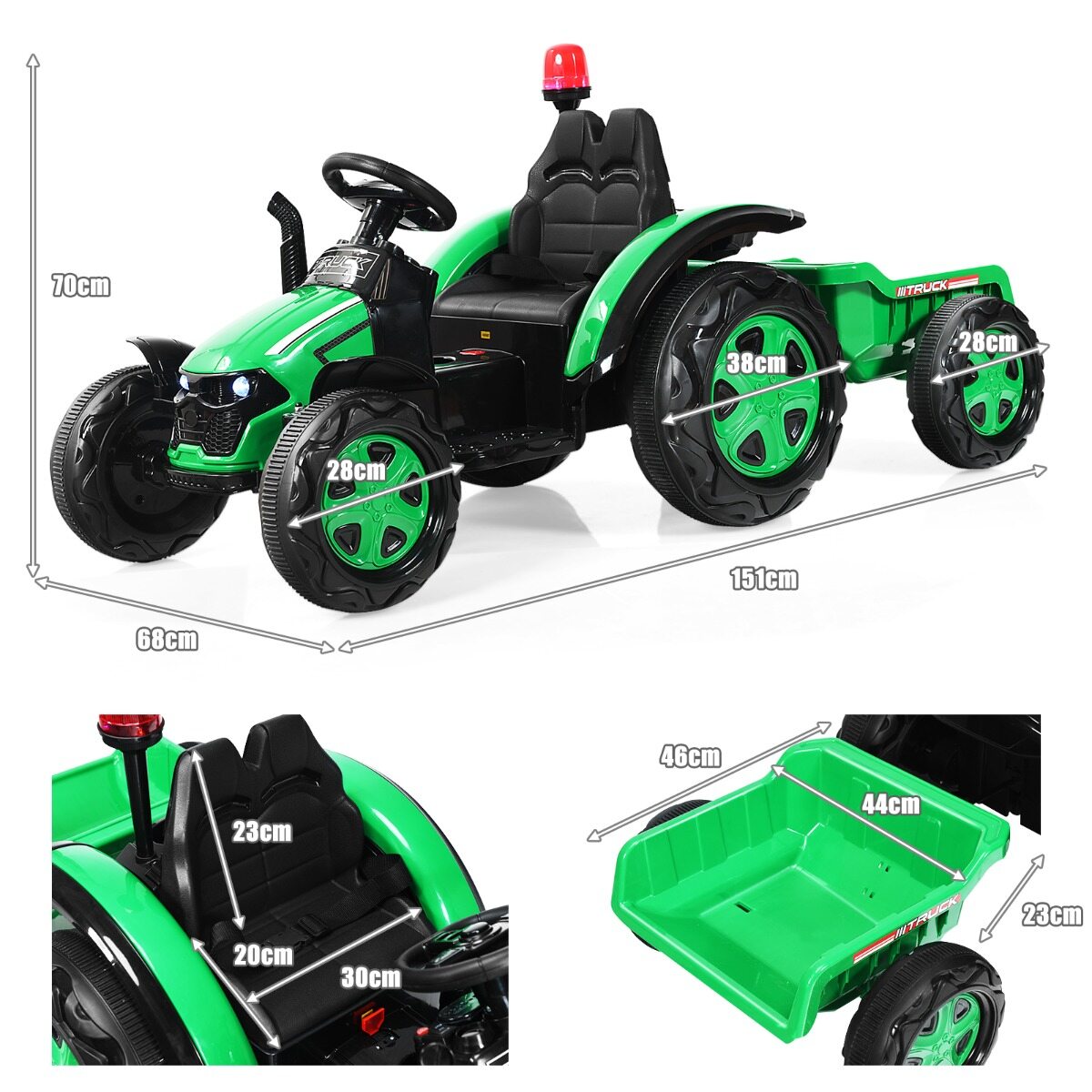 12 V laste elektritraktor haagisega mängutraktor 151 x 68 x 70 cm roheline