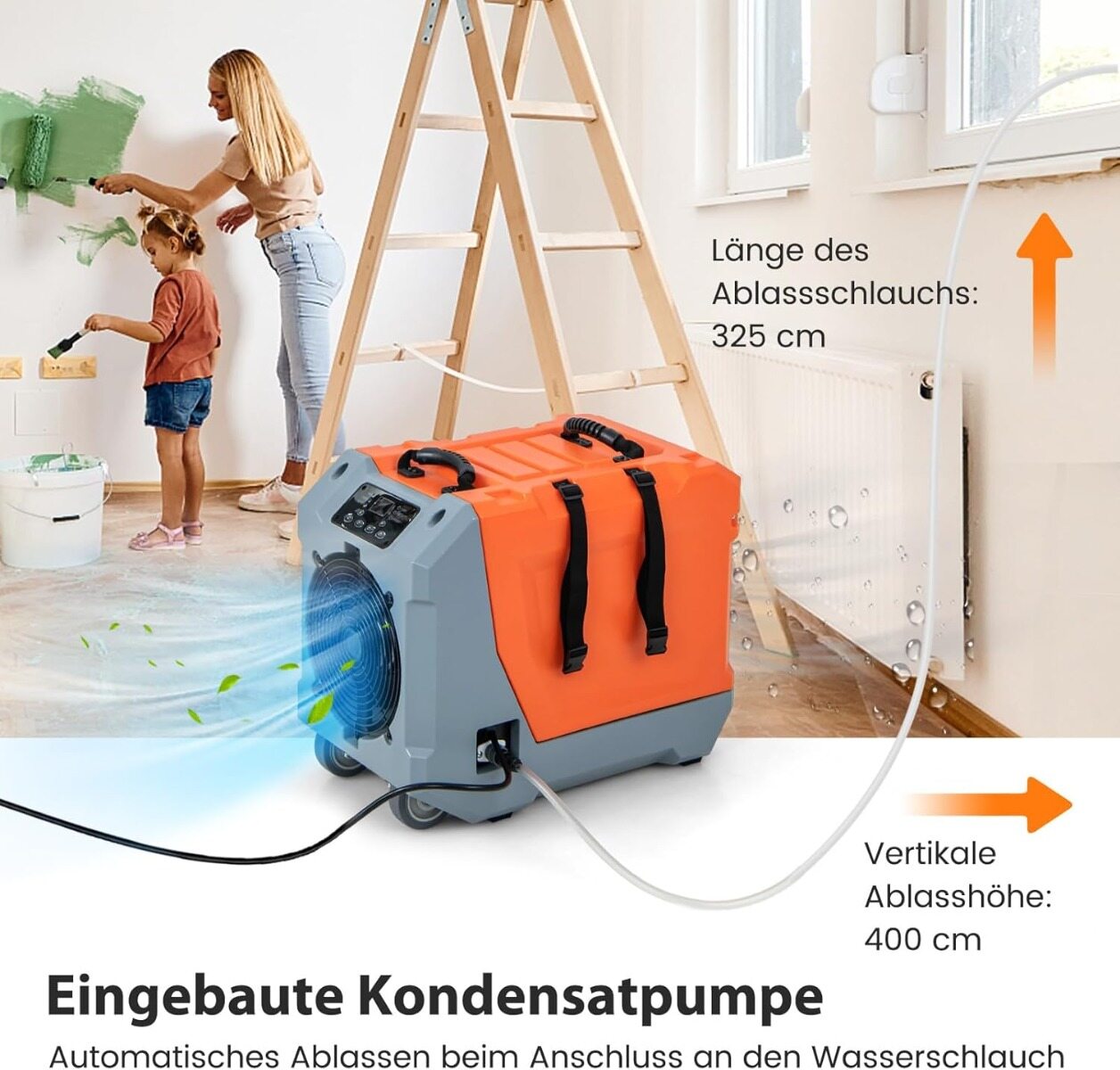 Elektriline õhukuivati ​​äravooluvoolikuga 85 l/päevas, ehituskuivati, äriõhukuivati, oranž