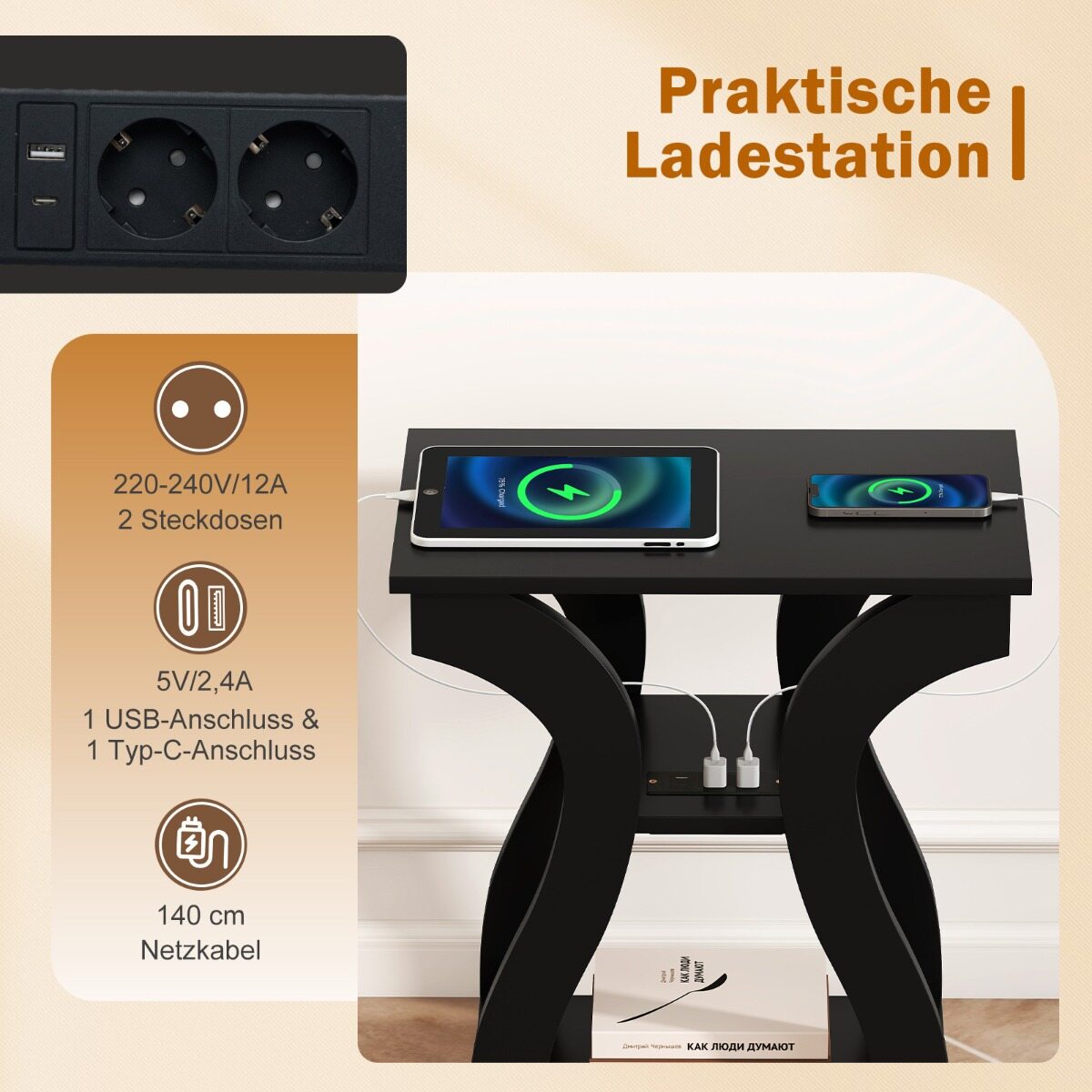 2 laadimisjaamaga külglaua komplekt, 3-korruseline diivanilaud, USB-portidega öökapp, must
