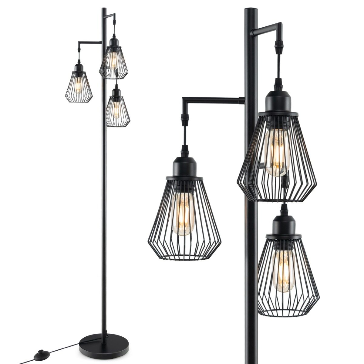 Moodne põrandalamp 169 cm industriaalne põrandalamp 3 lambivarjuga 25 x 168 cm must
