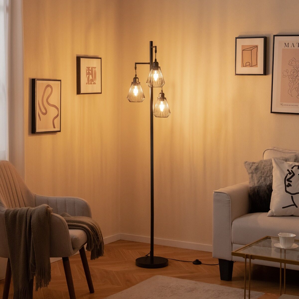 Moodne põrandalamp 169 cm industriaalne põrandalamp 3 lambivarjuga 25 x 168 cm must
