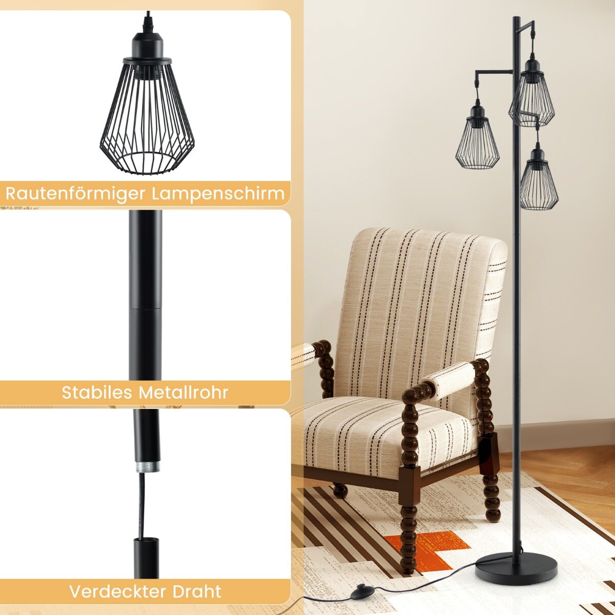 Moodne põrandalamp 169 cm industriaalne põrandalamp 3 lambivarjuga 25 x 168 cm must