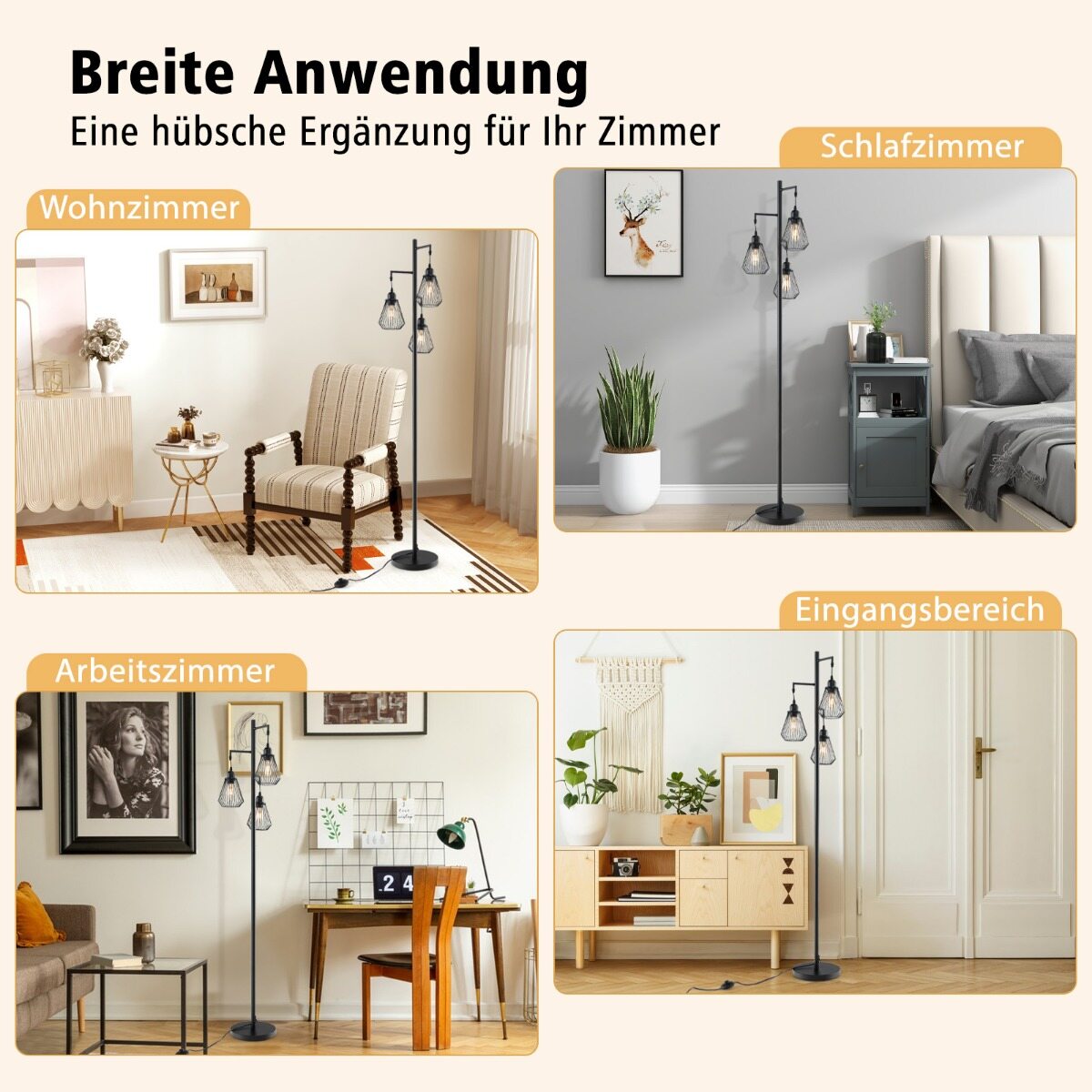 Moodne põrandalamp 169 cm industriaalne põrandalamp 3 lambivarjuga 25 x 168 cm must