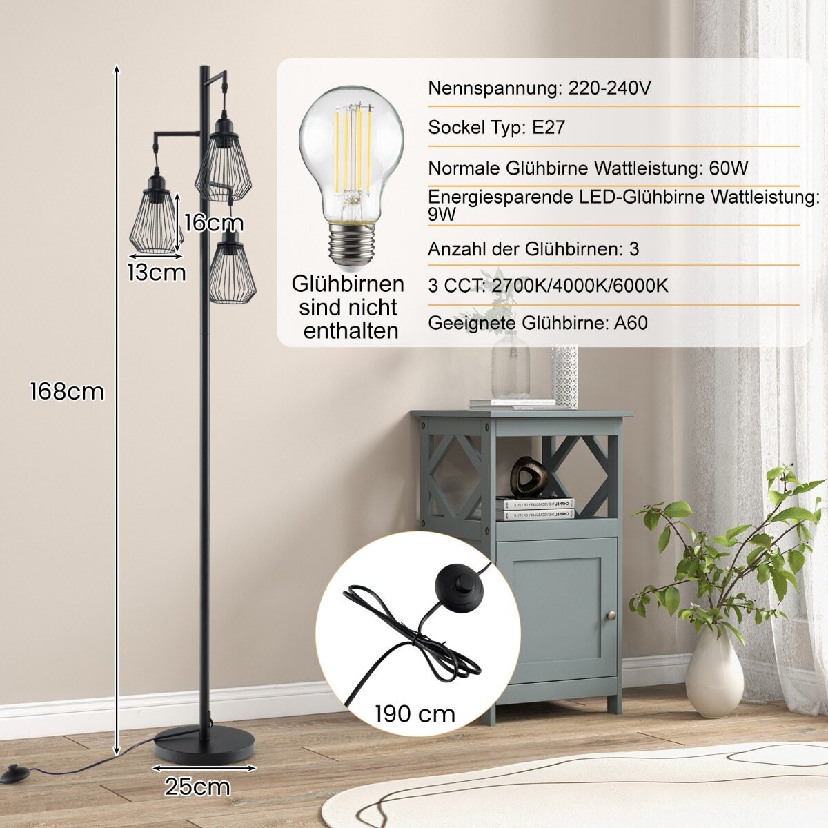 Moodne põrandalamp 169 cm industriaalne põrandalamp 3 lambivarjuga 25 x 168 cm must