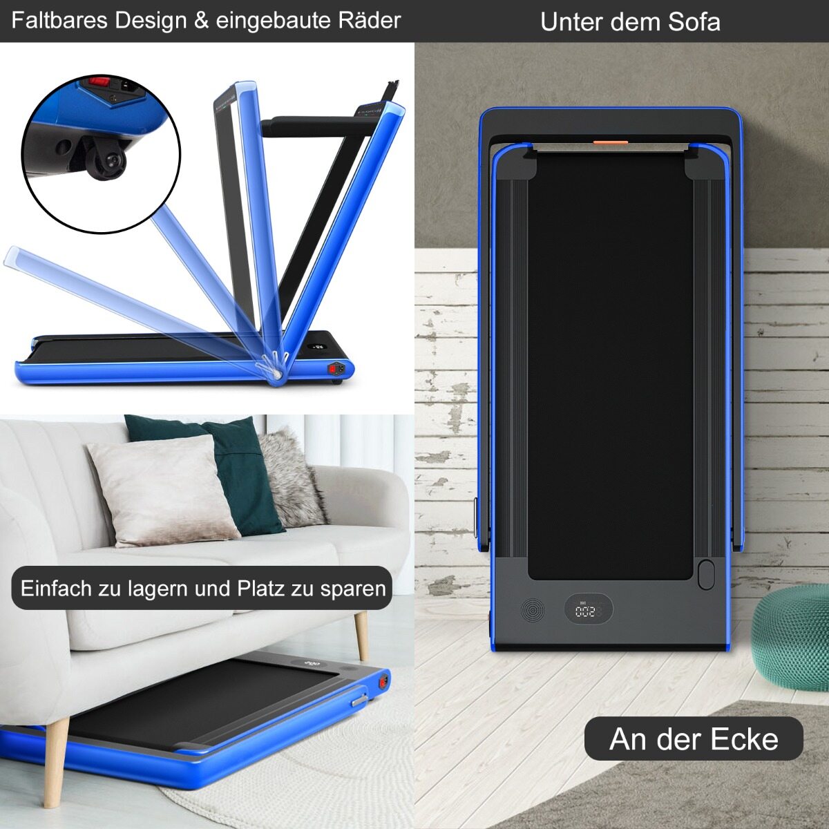 Jooksulint kahe LED-ekraaniga, puldiga, telefonihoidikuga, 2,25 hj kokkupandav jooksulint, sinine