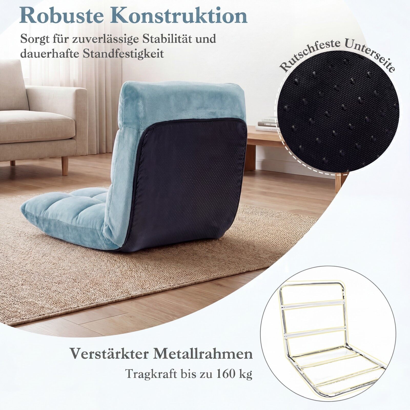 Kokkupandav põrandatool/tugitool reguleeritava seljatoe ja kõrgtihedusega porolooniga, 66,5 x 53 x 53 cm, roheline