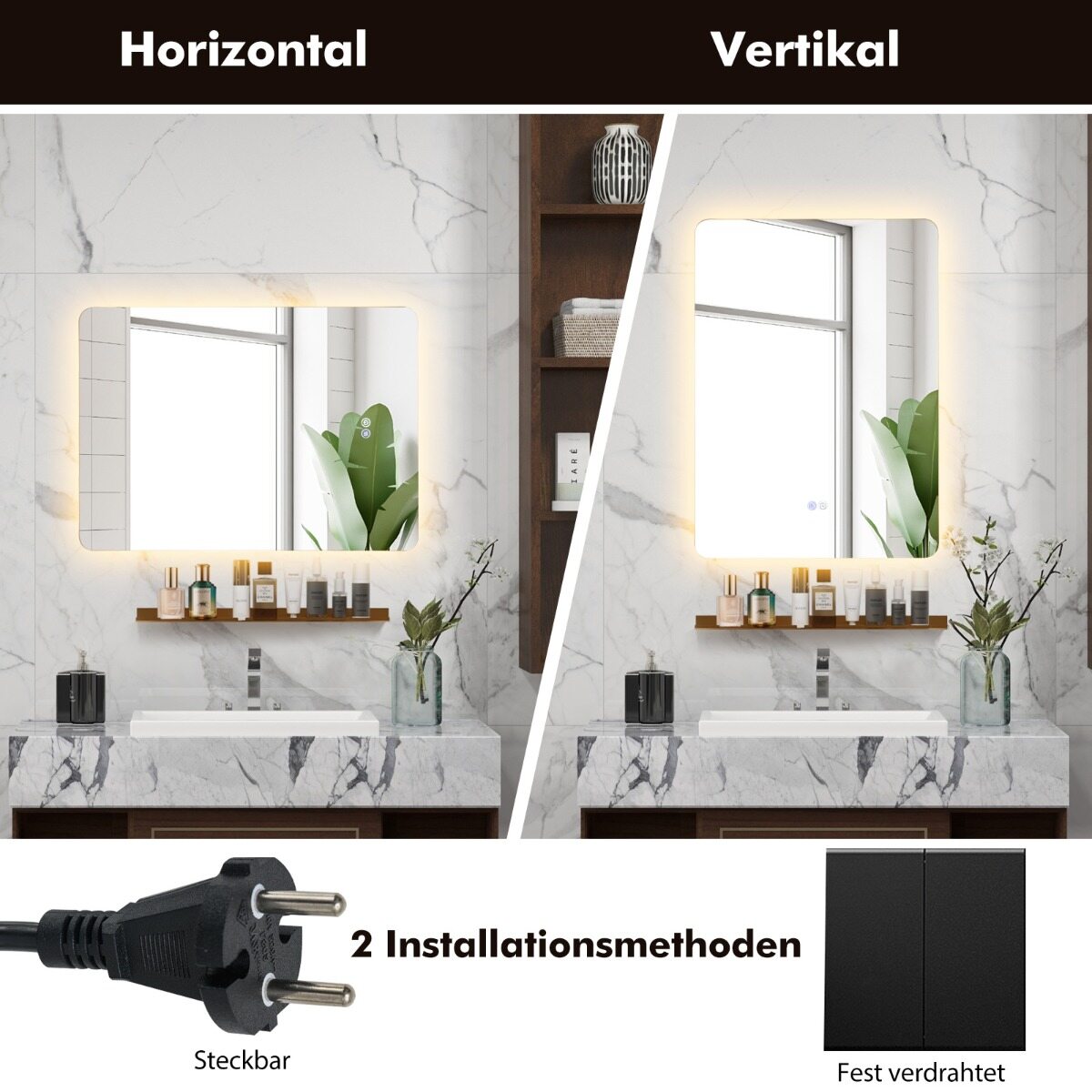 70x50cm LED vannitoapeegel reguleeritava heledusega ja 3 värviga, ise sulav funktsioon, meigipeegel