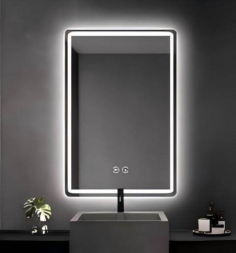 Valgustatud vannitoapeegel, LED-peegel 3 valgusvärvi ja udu eemaldamise funktsiooniga, 70 x 50 cm, must