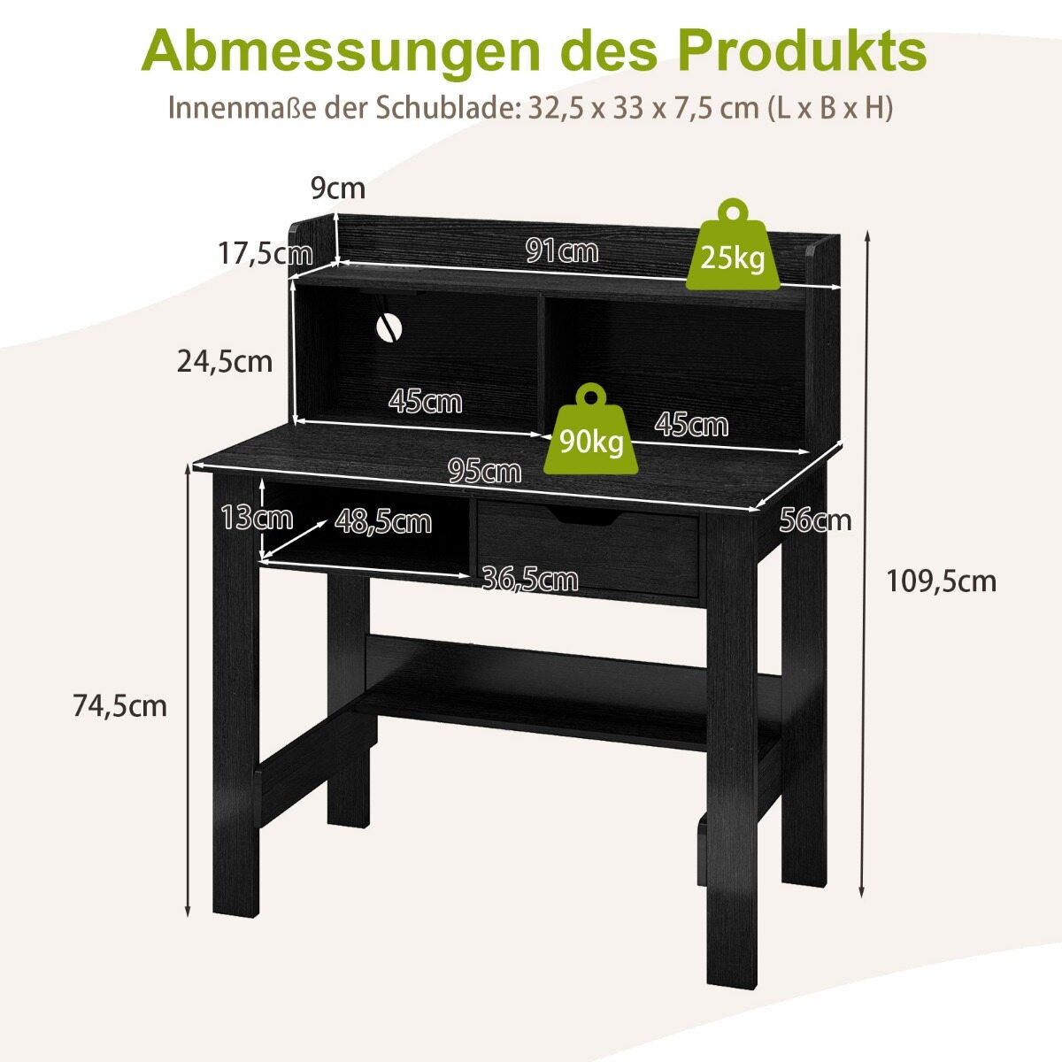Laud pistikupesadega, väike arvutilaud kinnitusega, 95 x 56 x 109,5 cm, must