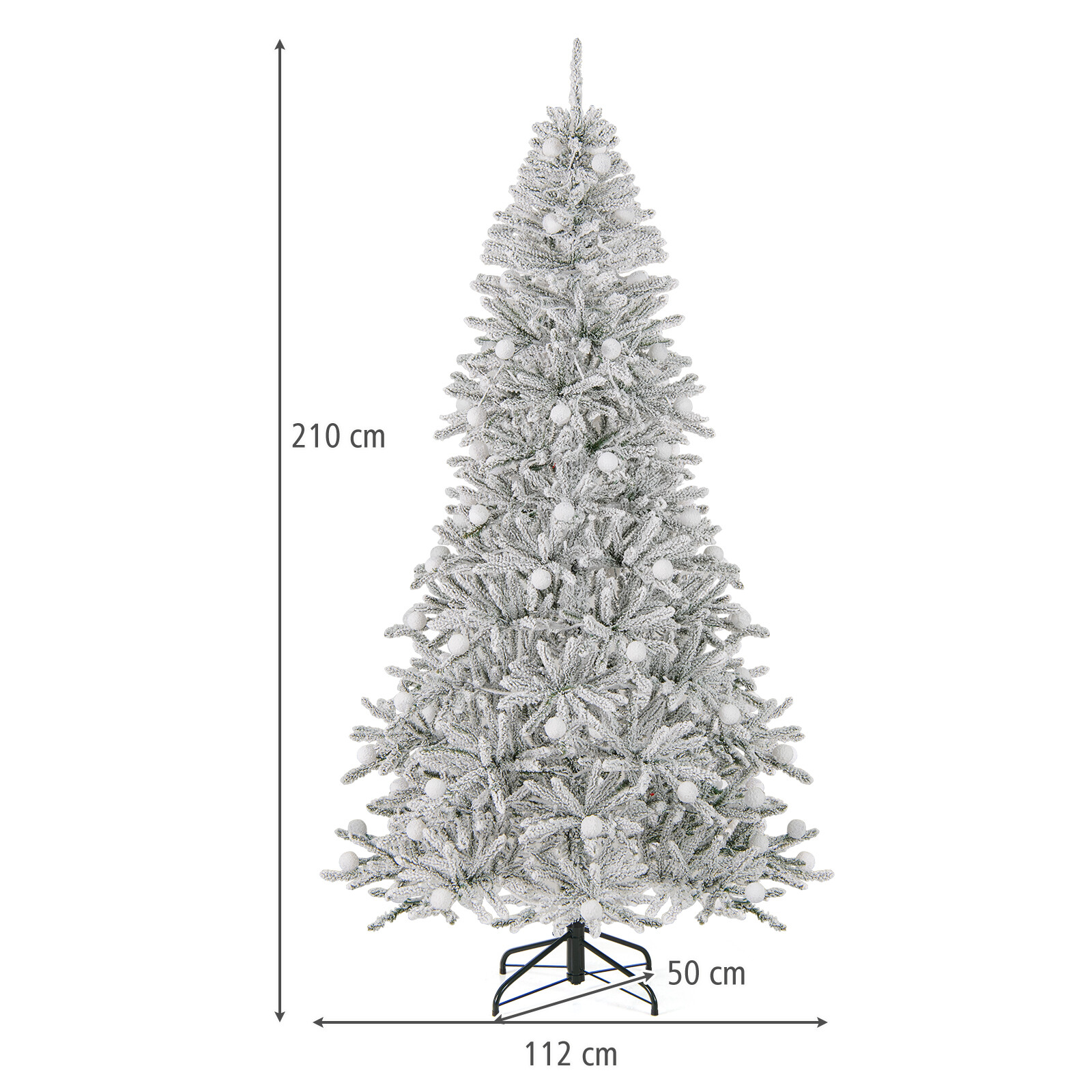 210 cm pikkune lumega kaetud kunstkuusk 65 keralambi, 350 sooja valge LED-tule ja 905 oksaotsaga
