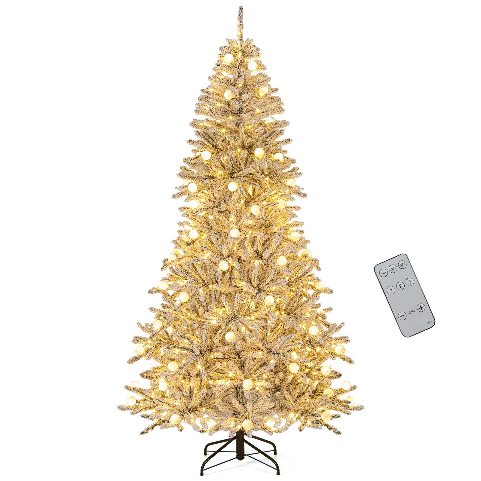 210 cm pikkune lumega kaetud kunstkuusk 65 keralambi, 350 sooja valge LED-tule ja 905 oksaotsaga