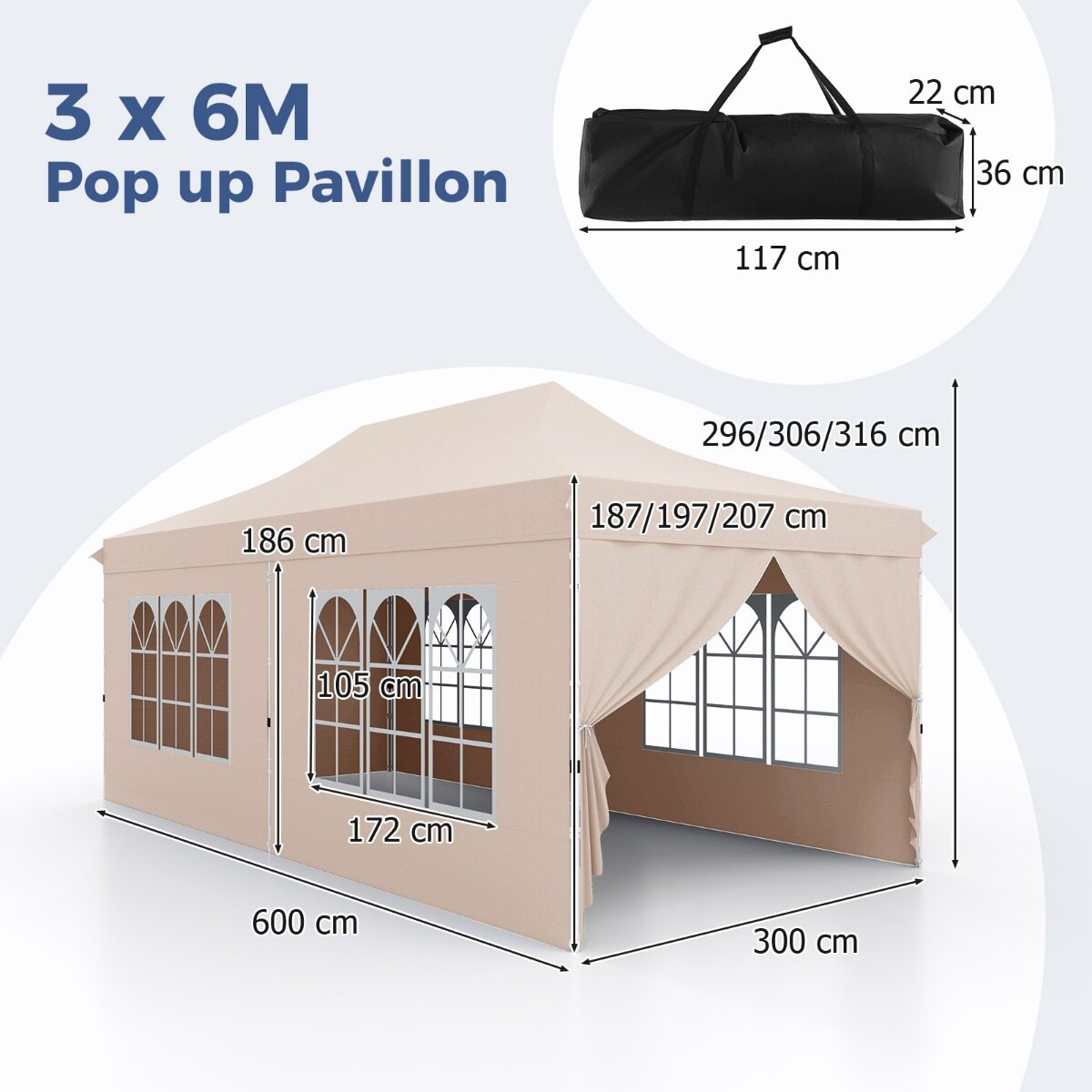 Pop-up varikatus 6 külgseina ja lukuga sissepääsudega, kaasaskantav peo- ja piknikuvarikatus 3 x 6 m beež