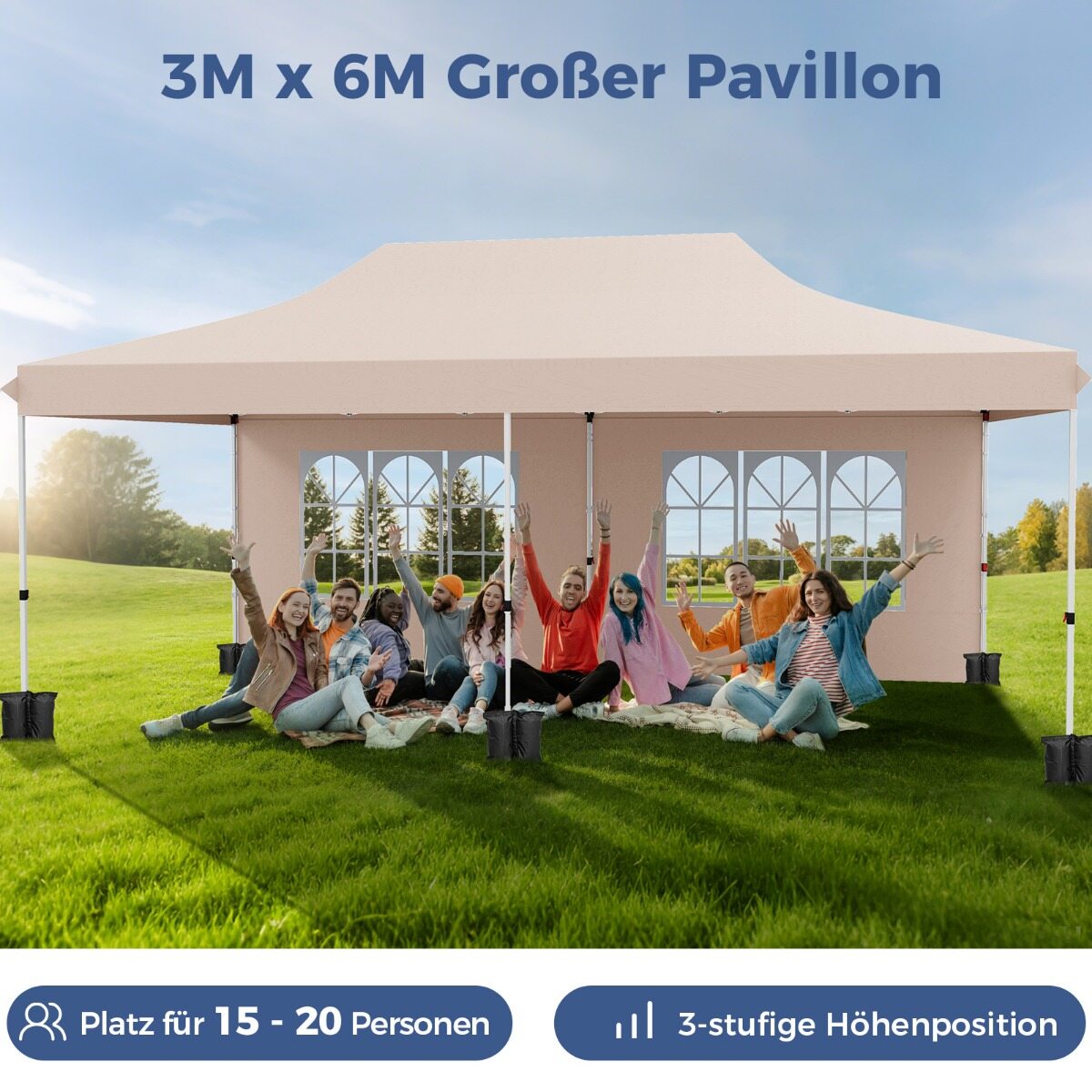 Pop-up varikatus 6 külgseina ja lukuga sissepääsudega, kaasaskantav peo- ja piknikuvarikatus 3 x 6 m beež