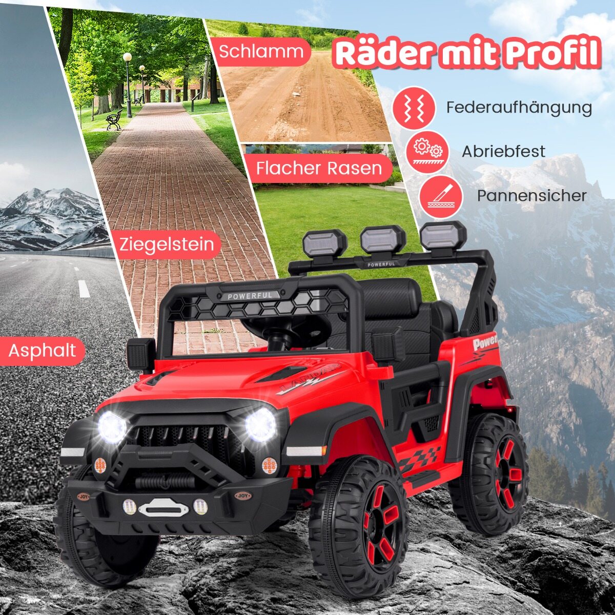 Laste elektriauto 2,4 G puldi ja USB ning tulede ja muusikaga, 12 V lasteauto, punane Jeep