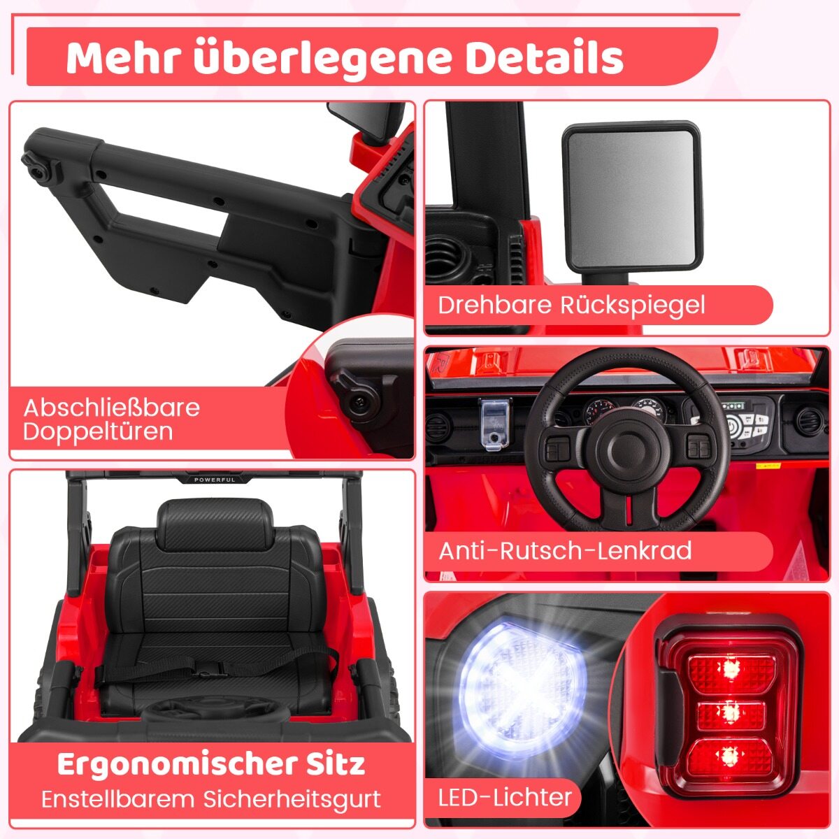 Laste elektriauto 2,4 G puldi ja USB ning tulede ja muusikaga, 12 V lasteauto, punane Jeep
